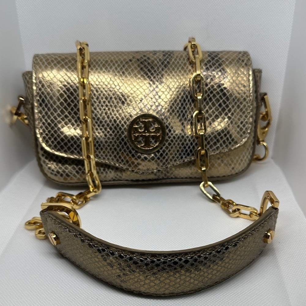Tory Burch metallic snake-print clutch or mini shoulder bag.
